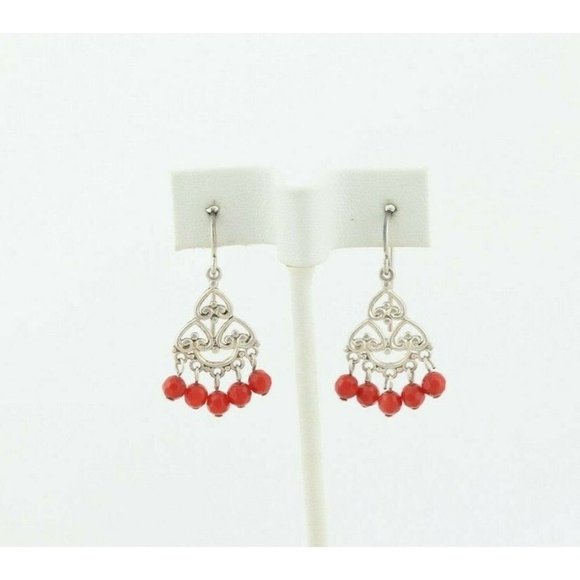 Sterling Silver Rondelle Cut Red Bead Earrings Dangle Drop Earrings - Picture 1 of 7
